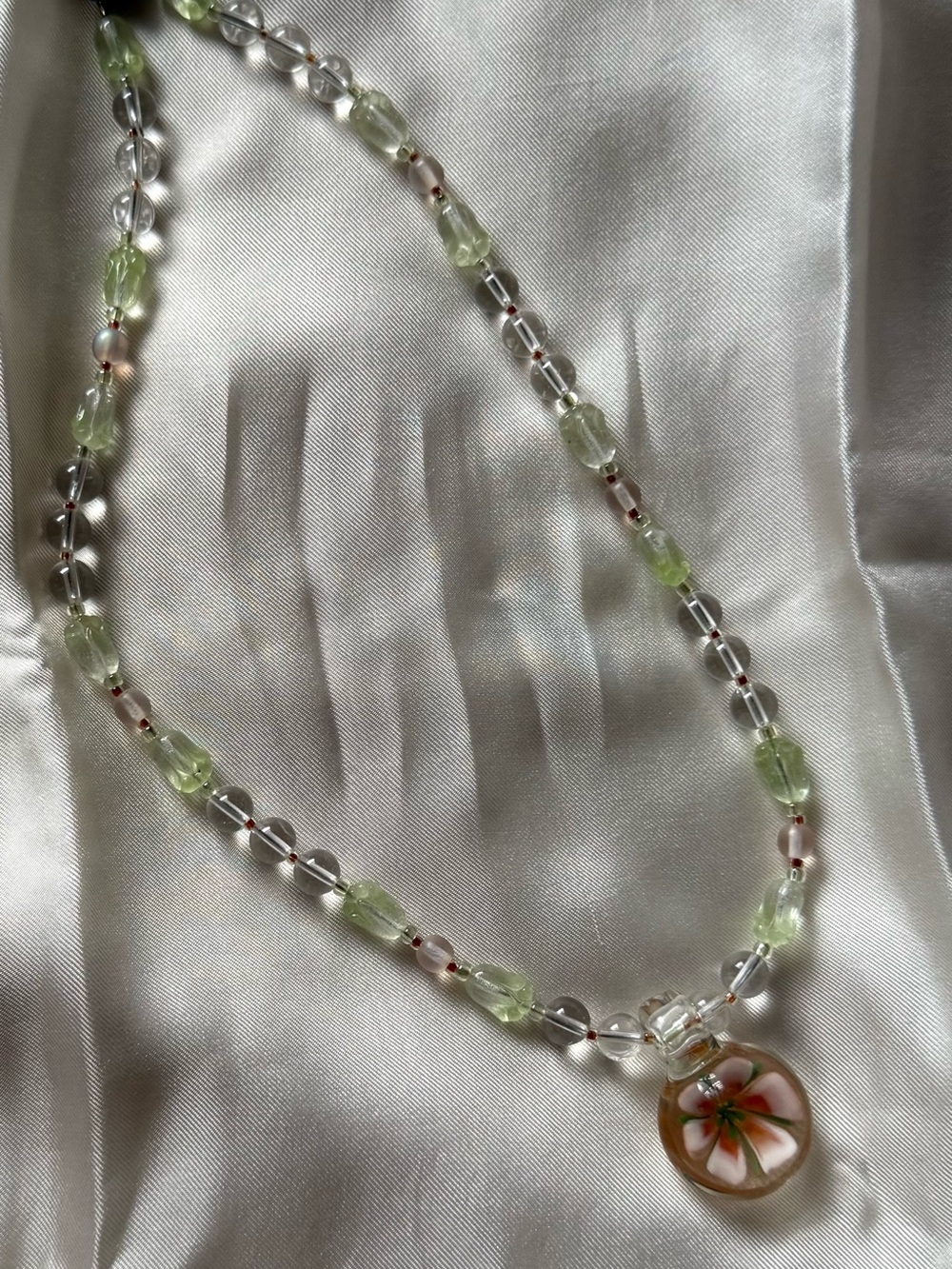 Green Floral Glass Bead Necklace with Artisan Pendant